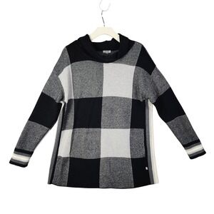 Talbots Womens Preppy Classic Plaid Sweater L Black Gray Cowl Neck Pullover